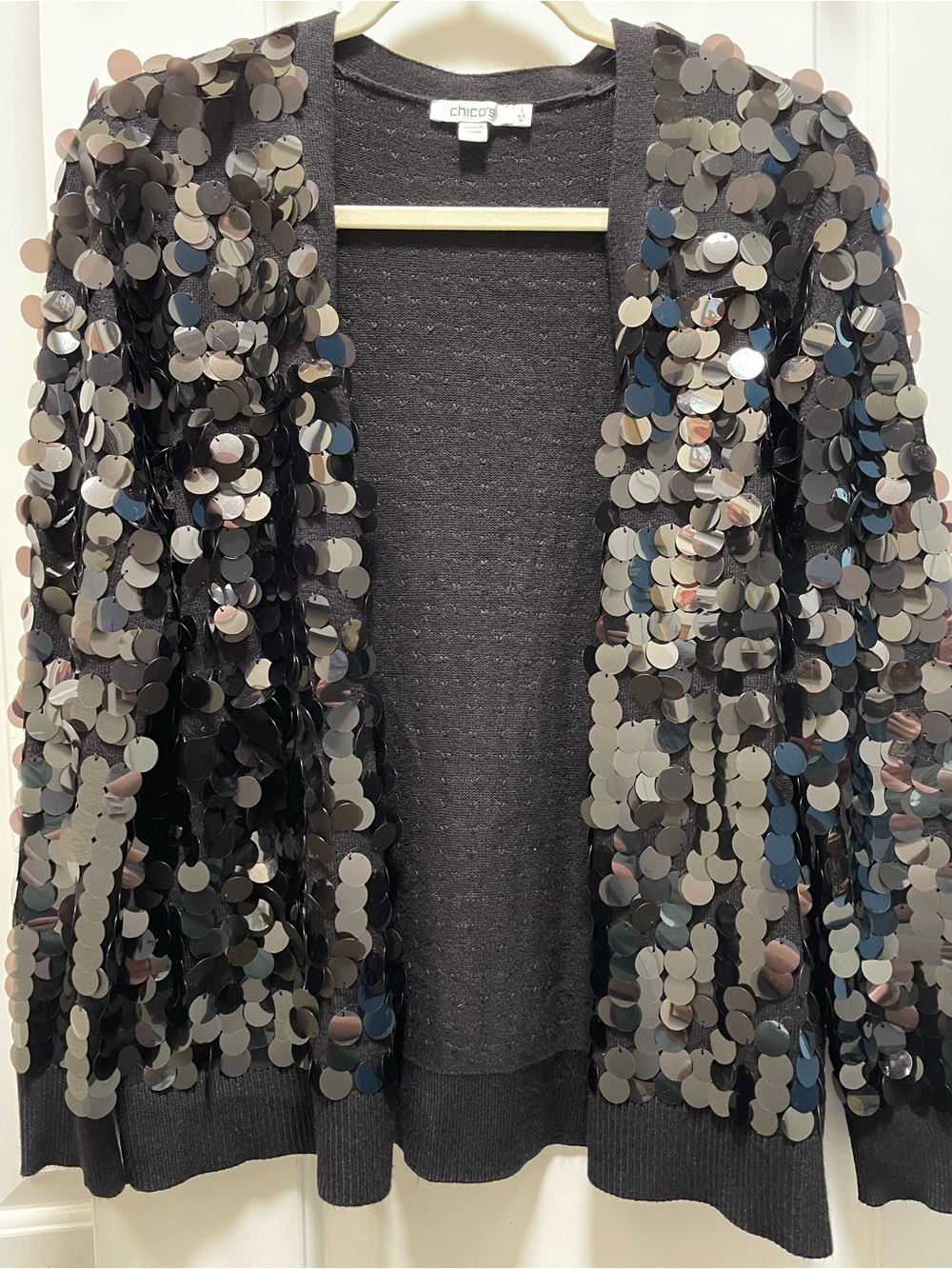 Chico's Black Sequin Open-Front Cardigan